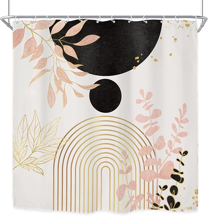 Riyidecor Black and Pink Mid Century Boho Shower Curtain for Bathroom Decor 72Wx72H Bohemian Modern Arch Leaves Plants Gold Eucalyptus Art Printed Fabric Polyester Waterproof 12 Pack Plastic Hooks