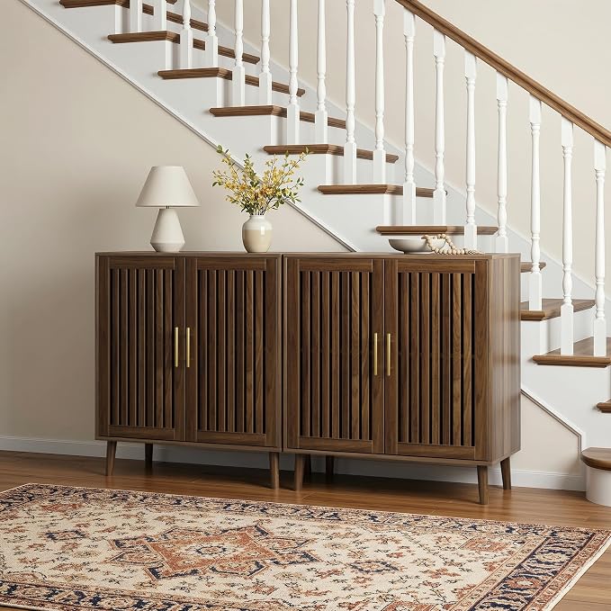 Smart FENDEE Sideboard Cabinet, 31.5" W Farmhouse Buffet Cabinet with Slatted Doors & Adjustable Shelf, Wood Coffee Bar Storage Station for Kitchen, Dining Room, Living Room, Entryway, Walnut Color