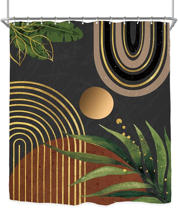 Miyotaa Abstract Minimalist Shower Curtain Set 60Wx71H Inches Aesthetic Modern Dark Burnt Orange Black Contemporary Plant Leaves Polyester Waterproof Cloth Bathroom Curtain with 12 Hooks