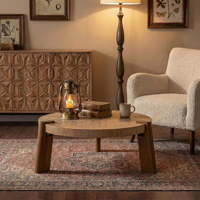 36.6" Round Coffee Table – Rustic Solid Wood & MDF Coffee Tables, Herringbone Design, Mid Century Modern Center Table with Tapered Legs, Natural Distressed Finish for Living Room, Natural Wood