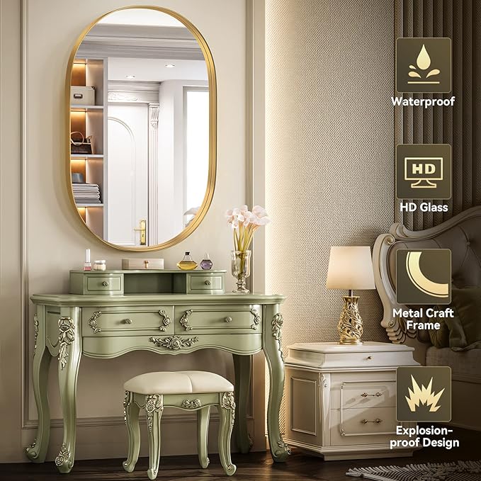 Brightify Gold Oval Mirror for Bathroom Vanity 20x30 Inch, Gold Metal Frame Mirrors for Wall, Modern Mirror for Bedroom Living Room Wall Decorative Hang Vertical and Horizontal