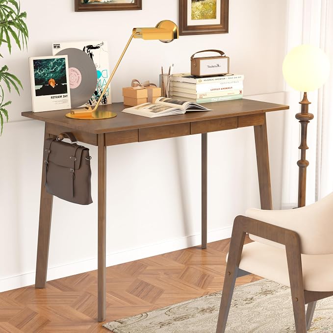 Solid Wood Desk with Drawers - 39 x 16 Inch Modern Narrow Desks, Rubber Wood Study Table, Small Writing Desk for Small Spaces|Bedroom - Black Desks