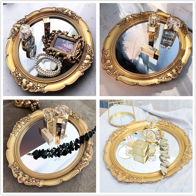 Vintage Carved Decorative Wall Mirror, Hanging Mirror for Dresser Decor Bedroom Living-Room, Cosmetics Jewelry Dresser Organizer Tray (15”x 13.4”) (Golden-Oval)