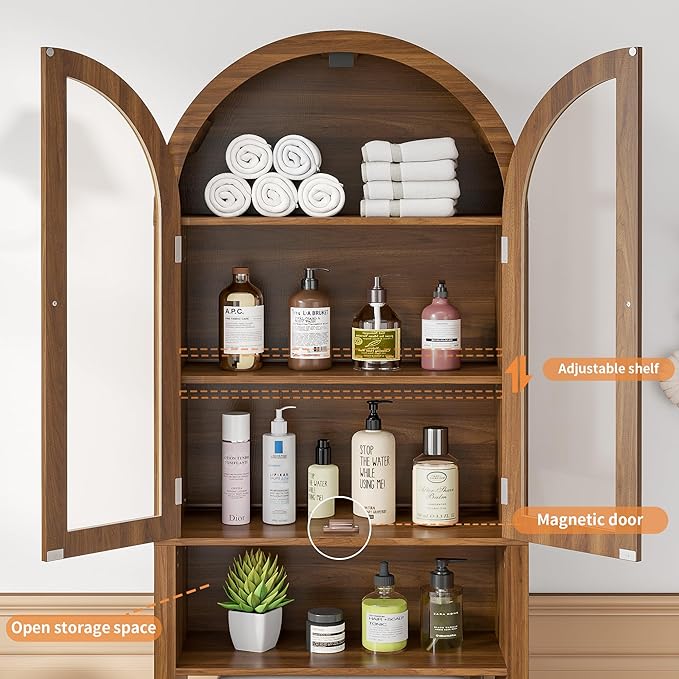 Arched Over The Toilet Storage Cabinet with Acrylic Doors, 4 Tier Small Bathroom Shelf Organizer, Mid Century Modern Bathroom Cabinet with Adjustable Shelf, Slim Narrow Arch Toilet Rack, Walnut