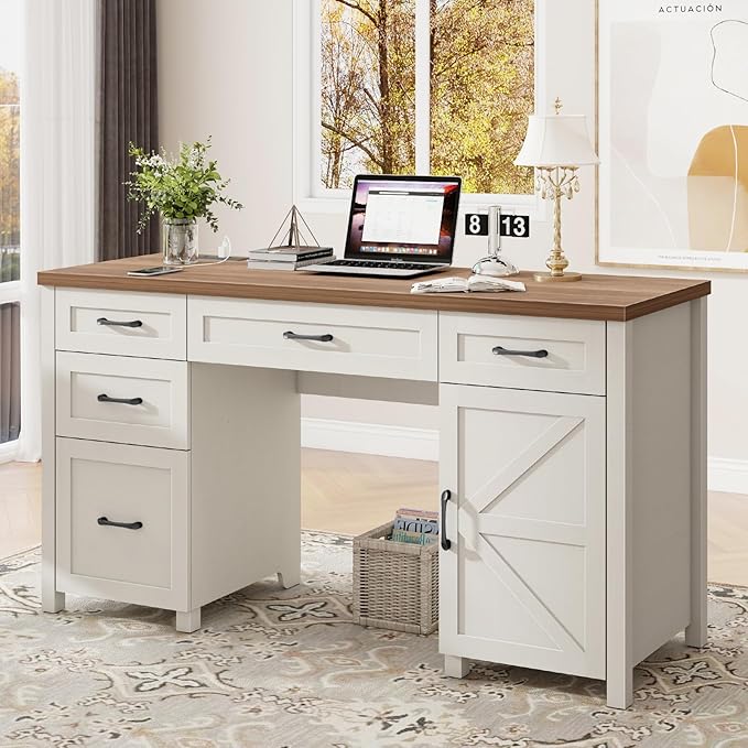 Vabches Farmhouse 61'' Executive Desk with 5 Drawers, Rustic Office Desk Computer Desk with Charging Station, File Drawers and Storage Cabinet, Wood Workstation for Home Office and Study.(Brown Top)