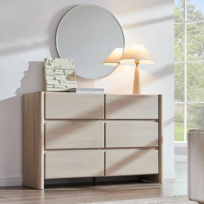 Modern 6 Drawers Dresser for Bedroom, 47" Wide Dresser w/Large Storage & Rounded Corner, Wood Handleless Chests of Drawers w/Natural Texture for Bedroom, Hallway, Living Room-Cream
