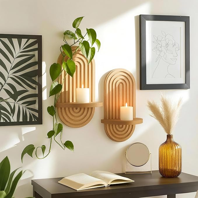 Set of 2 Boho Arched Floating Shelves 15.7”x 7.8”3D Wooden Hanging Shelf for Living Room Bedroom Nursery Mid Century Modern Wall Decor(Brown, 11.7 * 15.7)