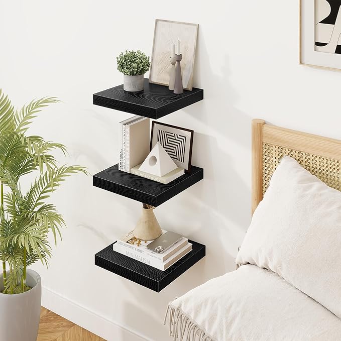 Square Floating Shelves for Wall, 9.25"W x 9.25"D x 1.25"H, 3 Pack Small Wall Mounted Engineered Wood Shelves with Invisible Brackets for Living Room, Bedroom, Bathroom, Kitchen Decor, Black