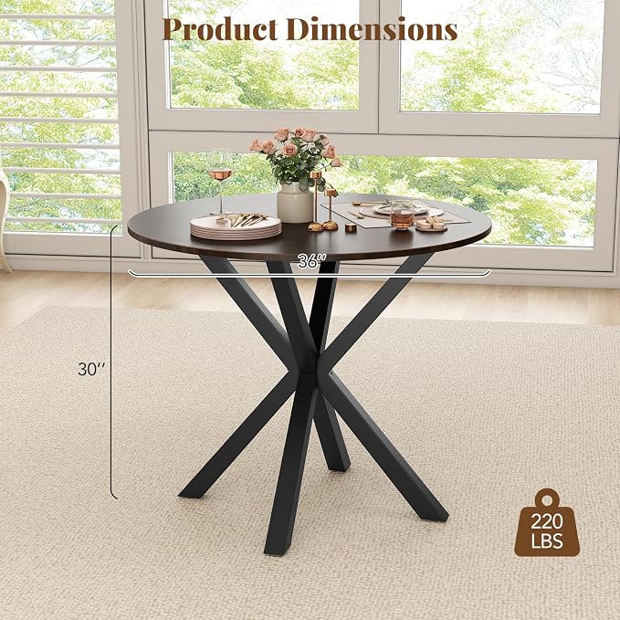 Moccha 36" Round Dining Table for 4 - Rubber Wood Kitchen Table with Intersecting Trestle Legs, Vintage Bar Table, Farmhouse Dining Room Tables for Dinette, Small Space, Restaurant, Bistro (Brown)
