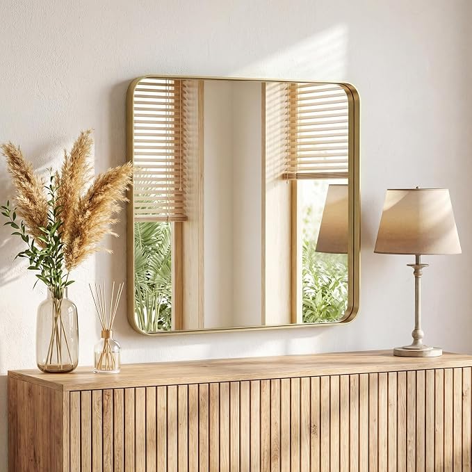 NEWBULIG 36X36 Inch Bathroom Mirror for Over Sink, Wall Vanity Mirrors Tempered Glass, Anti-Rust Metal Framed Rounded Rectangle, Hangs Horizontally or Vertically, Farmhouse Home Decor, Gold