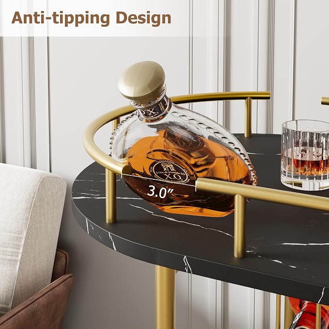 Modern 3-Tier Gold Bar Cart with Black Marble Panel – Mobile Serving Cart with Wine Rack & Glass Holder, Storage Shelves for Kitchen, Dining, Living Room – Gold Paint + Black Marble Panel