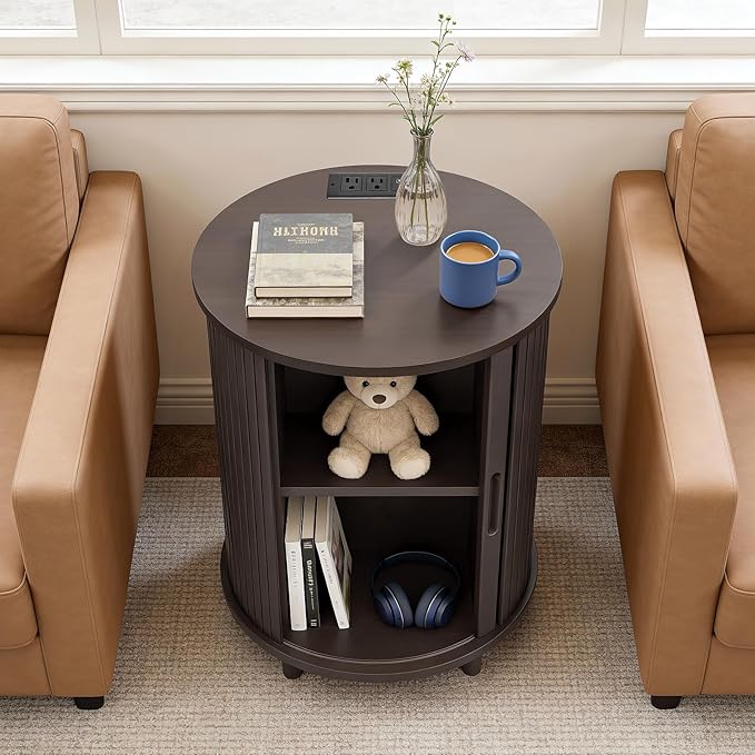 DHH End Table Set of 2 with Storage & Charging Station, Fluted Accent Side Table with Sliding Door & Adjustable Shelf, Mid-Century Nightstand for Small Spaces, Living Room, Bedroom(2, Coffee Brown)