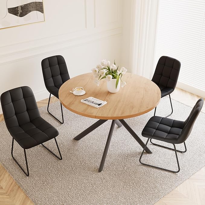HIPIHOM 45.3 Inch Round Dining Table Set for 4, Mid Century Modern Small Kitchen Coffee Set for Dining Room Kitchen Apartment (Oak Table + 4 U-Shaped Black Chairs)