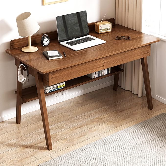 Writing Desk, Home Office Workstation Computer Desk Mid-Century Modern Walnut Desk with 2 Drawers and Storage Shelves(47 Inch, Walnut)
