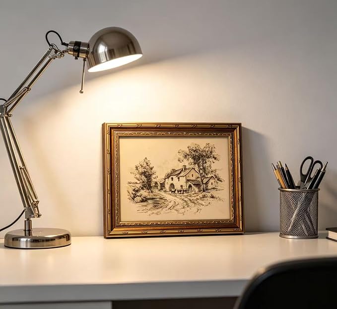 Vintage Gold Framed Farmhouse Sketch Wall Art,Retro Country Cottage with Cattle Canvas Prints, Antique Rural Farm Scene Drawing Poster Artwork for Living Room Bedroom Kitchen Wall Decor,9X11in