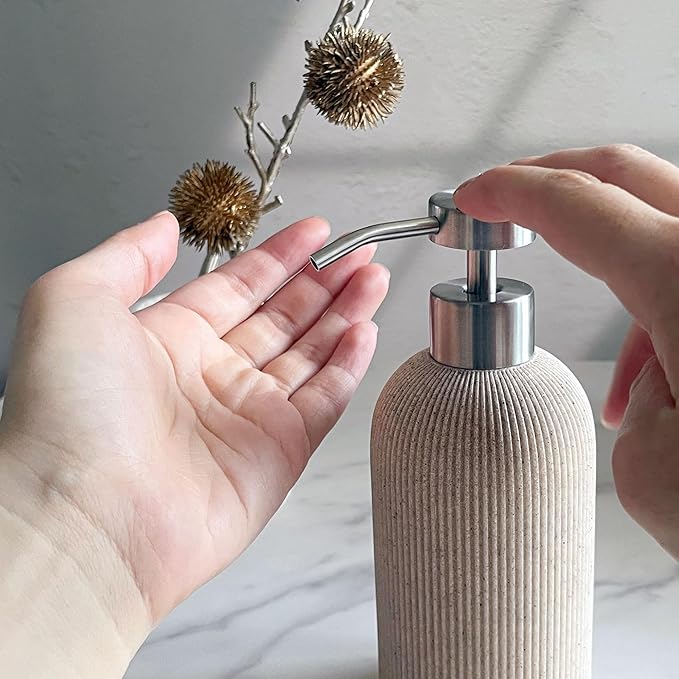 Lunestella Elegant Boho Beige Hand Soap Dispenser with Stainless Steel Pump, for Bathroom and Kitchen, Rust Proof, 7oz