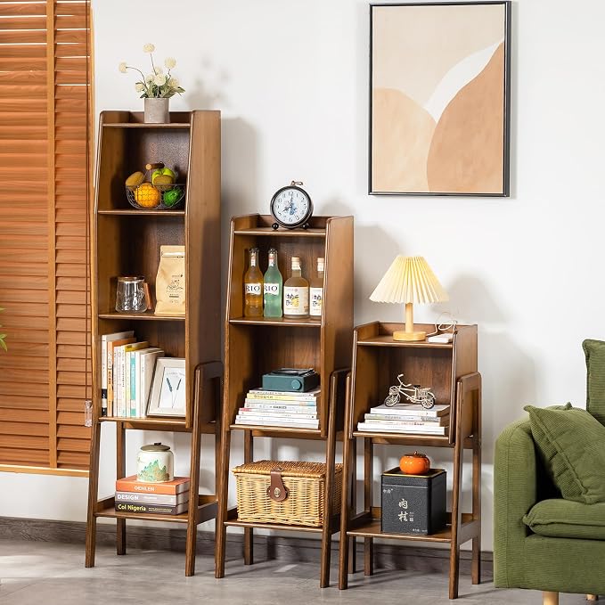 Welnow Bamboo Bookcase with Cabinet, Natural End Table with 3-Tier Storage Shelf, Modern Bedside Organizer Side Table for Bedroom or Living Room, Walnut Bookshelf with Open Space
