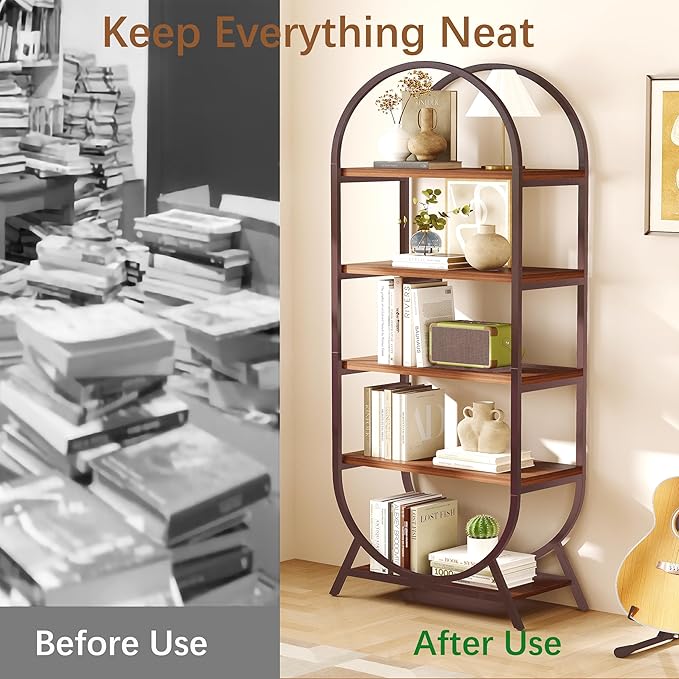 Bookshelf Arched Bookcase, 5 Tier Open Freestanding Display Shelf for Home Office, Living Room, Walnut