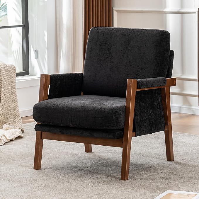 Mid Century Modern Accent Chair with Wood Frame, Upholstered Living Room Chairs with Wide Armrest, Chenille Fabric Comfy Arm Chair for Bedroom, Reading Room, Balcony (2, Black)