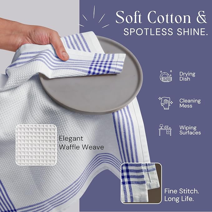 Waffle White & Indigo Blue Kitchen Towels 12 Pack, 100% Cotton, 16x26 inches, Premium Dish Towel, Long Lasting Bar Mop Cloths, Perfect for Drying Dishes, Cooking and Cleanup