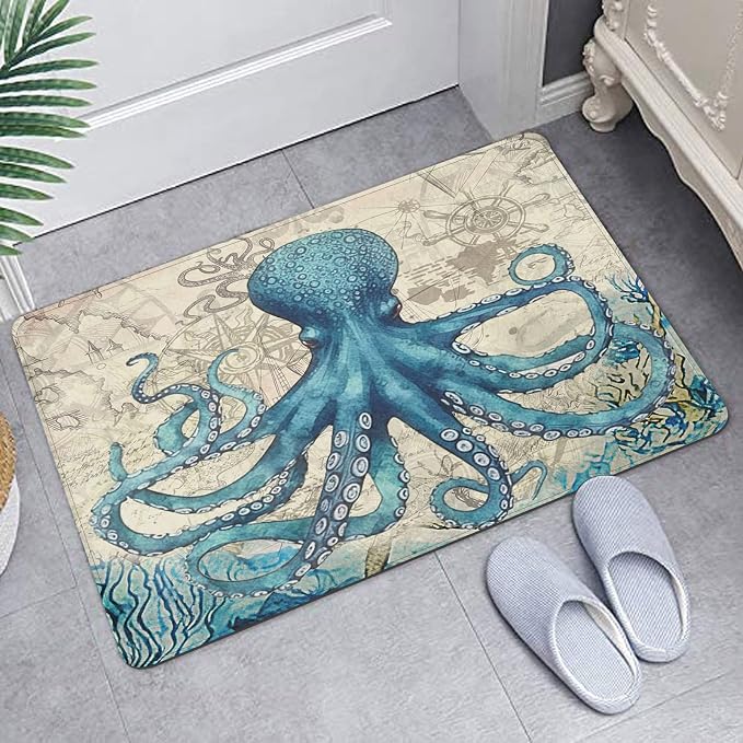 Britimes Blue Bath Mat for Bathroom Sea Theme Octopus Washable Floor Rug Carpets Floor Mat Bathroom Decorations 16x24 inches for Kitchen Bedroom Indoor