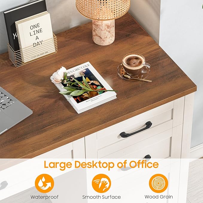 Vabches Farmhouse 47" Executive Desk with 4 Drawers, Computer Desk with File Drawer and Charging Station, Workstation for Home Office, Study.(Unique White)