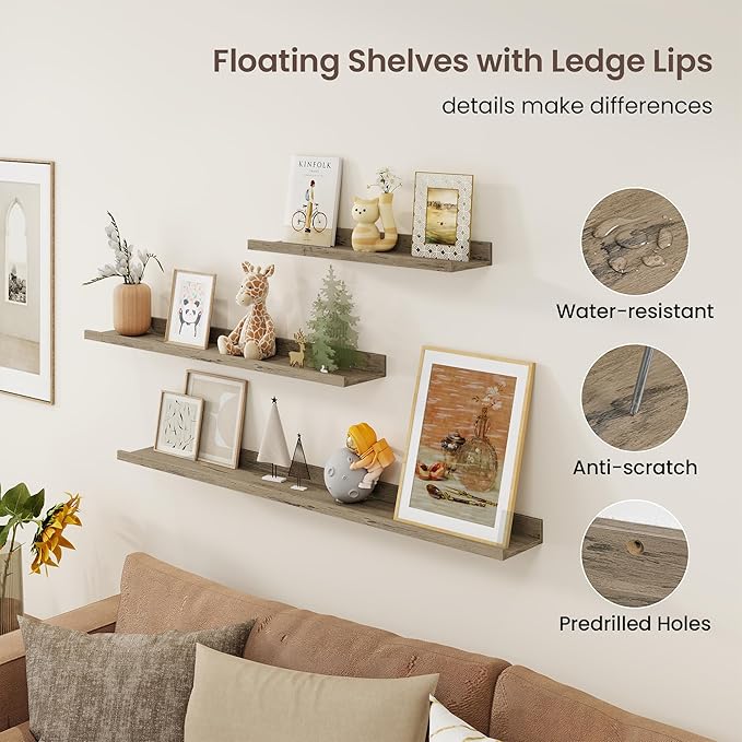 Axeman 40 Inch Floating Shelves | Grey Picture Ledge Shelf Set of 3 | Rustic Grey Wood Wall Shelves with Lip | 40" Picture Shelf for Wall with Ledge | Photo Shelves