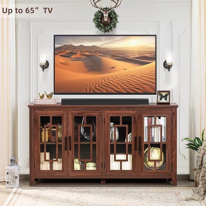 Large Sideboard Buffet Cabinet with Storage, 63" Farmhouse Brown Kitchen Coffee Wine Bar Cabinet with 4 Glass Doors, Wood Mid Century Modern Side Board Table for Dining Room, Living Room