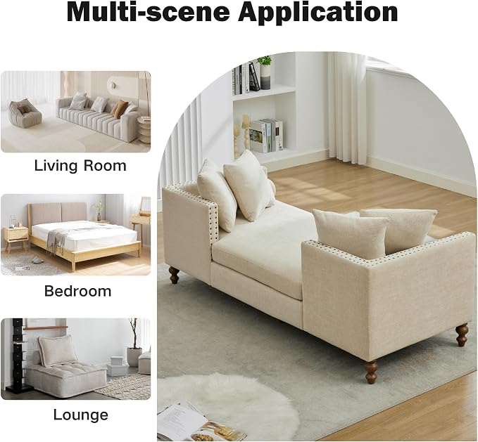 Chifee & Vingol 75.2" W Retro Oversized Chaise Lounge Chair Indoor with Left & Right Armrest,6 Pillows,Solid Wood Legs,Beige
