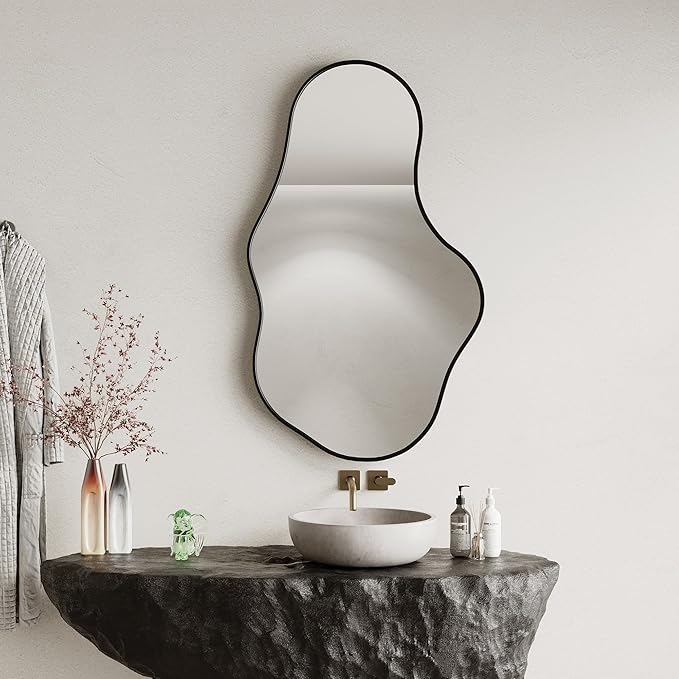 Irregular Wall Mirror - Black Wall Mirrors Decorative 24"x 40" Wavy Asymmetrical Abstract Mirror Aviation Aluminum Alloy Frame Unique for Vanity, Entryway, Bathroom, Bedroom, Living Room, Cloakroom