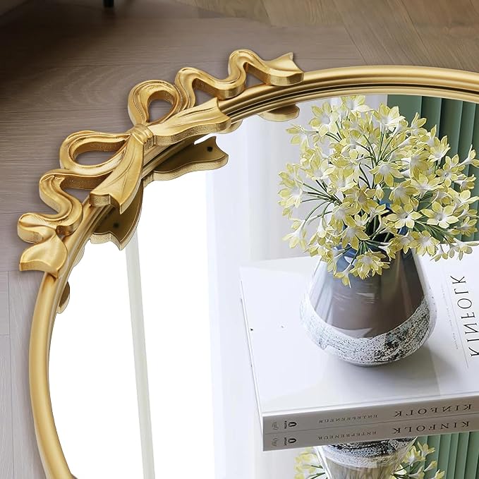 Besdomus Antique Arched Large Mirror: 36"x29" Gold Bow Vintage Wall Mounted Mirror - Baroque Traditional Ornate for Fireplace/Bathroom/Entryway - Home Decor for Fashion-Conscious