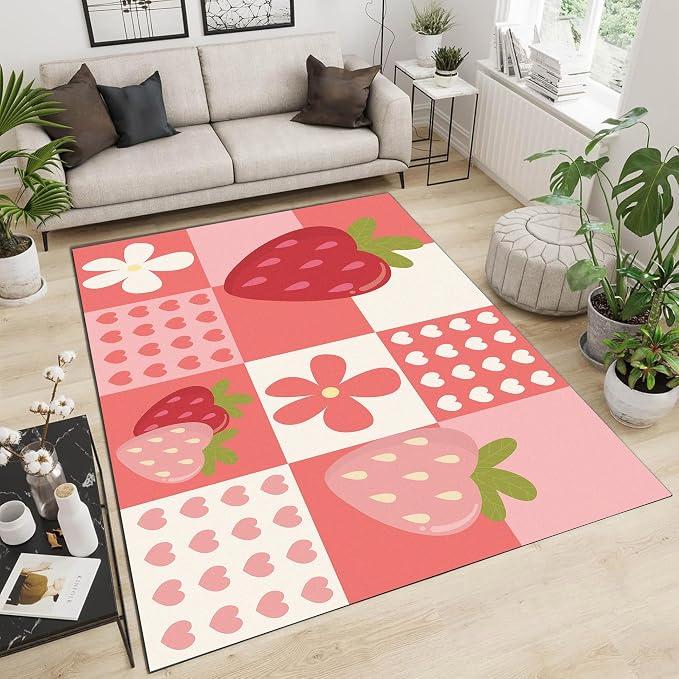 Strawberry Checkered Rug Cute Red Area Rug Love Flower Washable Carpet for Bedroom Living Room Nursery Kitchen Playroom Home Decor Soft Non Slip Floor Mat,6'x9'