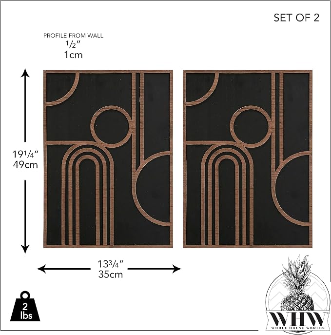 Modernist Home Art Deco Wall Sculptures, Set of 2, Carved Wood Panels, Black and Brown Wood Tones, MDF, Geometric Arches Design, 13.75 x 19.25 Inches