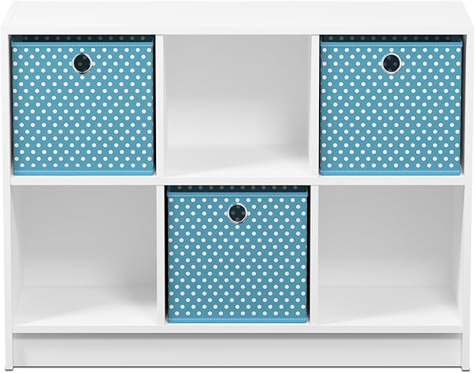 Furinno BASIC Book Shelf, 6-Cube Bookshelf with Open Shelf, 3 x 2 Bookcase with Storage Bins, Closed Back, Horizontal, 11.9 x 31.6 x 23.6, for Living Room, Bedroom, Home Office, White/Light Blue