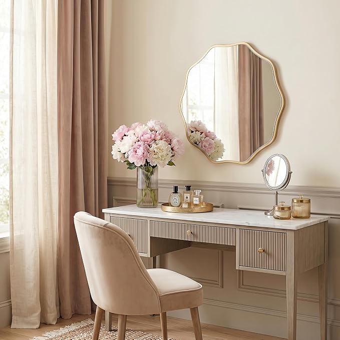 PERFNIQUE Gold Scalloped Mirror, 24'' Round Wall Mirrors Wavy Wood Framed for Bathroom Nursery Bedroom Living Room Entryway, Decorative Modern Wall Decor