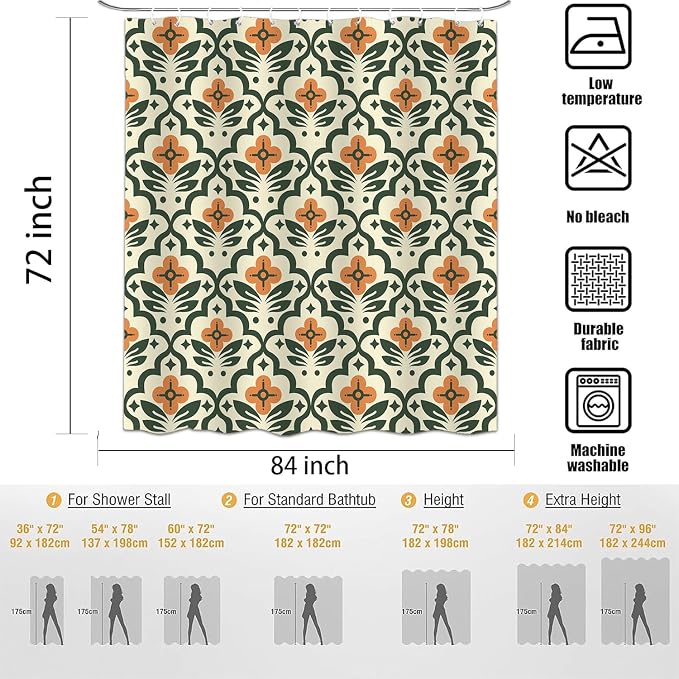 Vintage Boho Floral Shower Curtain,Mid Century Modern Abstract Orange Green Bathroom Curtain,Polyester Fabric Waterproof Bath Curtains 72x84 Inch with 12 Hooks