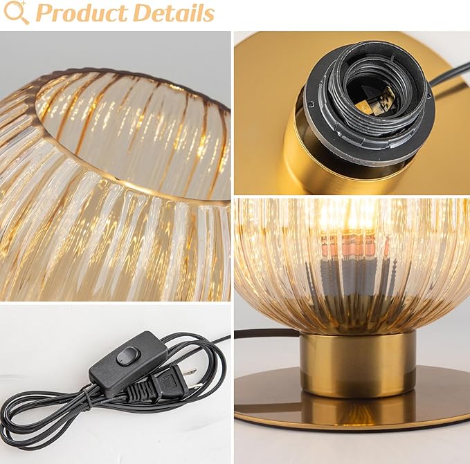 Amber Ribbed Glass Table Lamp, Mid Century Modern Small Nightstand Lamp with Brass Metal Base, Vintage Bedside Lamp Decorative Desk Lamp for Bedroom Living Room Office