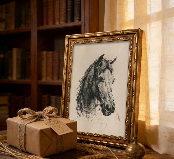 Vintage Gold Framed Horse Sketch Canvas Wall Art Retro Horse Wall Decor Vintage Farmhouse Animals Sketch Print Artwork Retro Rustic painting Picture for Farmhouse Bedroom Living Room 9X11in