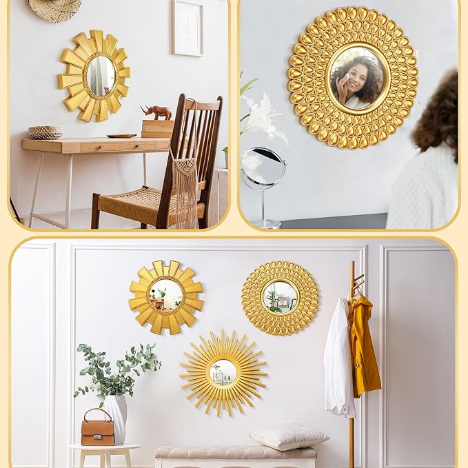 Fourluoo 3 Pack Gold Sunburst Mirrors for Wall Decor Circle Flowers Mirrors Decorative Gold Hanging Wall Art Flowers Mirror for Home Living Dinning Room Bedroom Bathroom Boho Decoration Art(Sunburst)