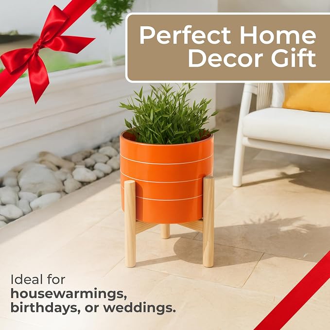 Striped Ceramic Planters with Wooden Stand as Home Decor Flower Pots for Entryway, Patio, Tabletop, and Garden - Colorful Decorative Pots for Indoor and Outdoor Plants - 9", Orange & Tan