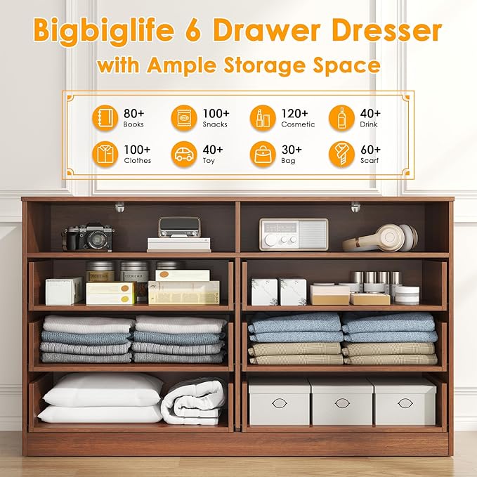 Bigbiglife 6 Drawers Dresser for Bedroom Wooden Drawer with Open Storage Cubby, Double Wide Dresser Organizer for Bedroom, Living Room, Entryway, Hallway (Walnut Brown)