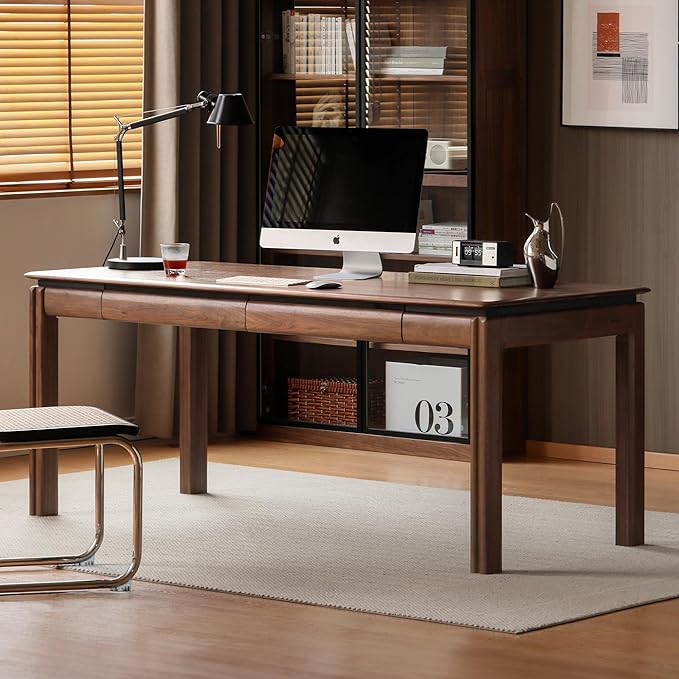 YESWOOD 100% Solid Wood Desk, Mid Century Modern Walnut Color Home Office Desk, Sturdy Computer Desk Writing Desk with 2 Drawers for Study Living Room 55.11" W