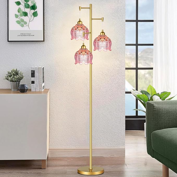 Pink Floor Lamp for Living Room,Bedroom,Gold Mid Century Modern Standing Lamp Brass Tree 3 Light Tall Floor Lamps Retro Floor Lights Glass Flower Lamp Shade Girls Kids Boho Bohemian