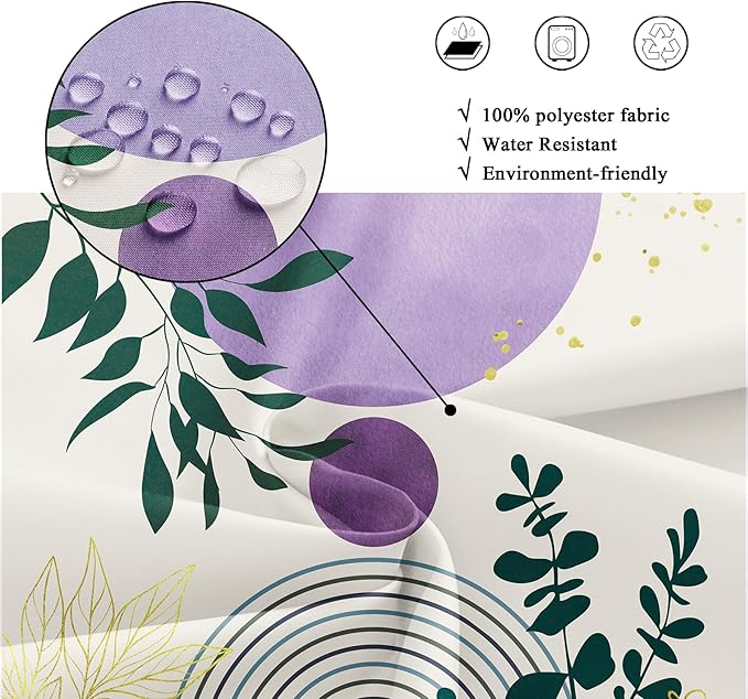 Riyidecor Purple Boho Modern Shower Curtain for Bathroom Decor 72Wx72H Bohemian Leaves Mid Century Eucalyptus Arch Line Art Printed Fabric Polyester Waterproof 12 Pack Plastic Hooks