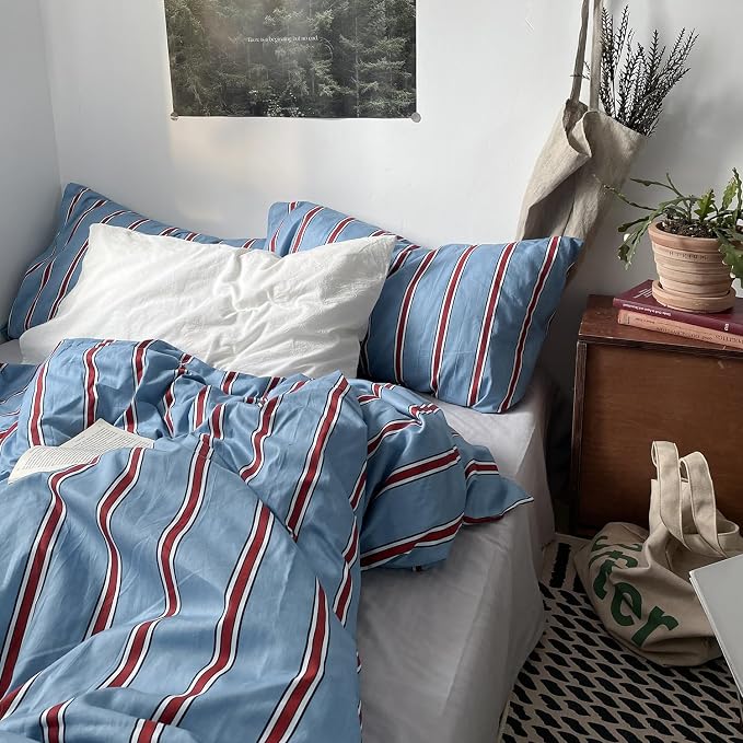 mixinni Vintage Striped Blue Duvet Cover King - 100% Cotton Red Stripes 3-Piece Bedding Duvet Cover Set with Zipper Closure, Soft & Breathable Retro Design for All Seasons (King Size)