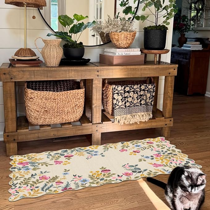 Front Door Mat Indoor Entrance - 2x4.3 Beige Colorful Floral Washable Layered Doormat Outdoor Entrance Porch Rug Non-Slip Boho Runner Rug for Kitchen Hallway Bedroom Laundry Room Porch Decor