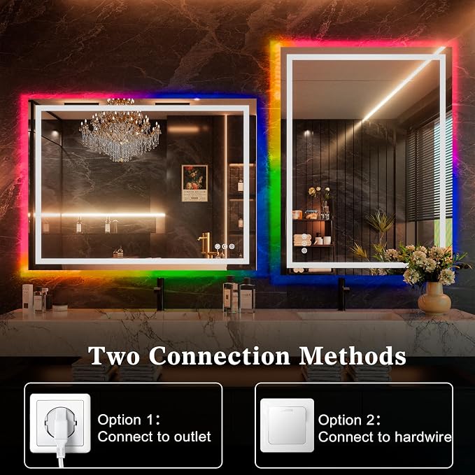 WTTY LED Bathroom Mirror 60"x36" with RGB Backlit and Front Light,Stepless Dimmable LED Mirror for Bathroom,Lighted Bathroom Vanity Mirror,Anti-Fog,Memory Function,Shatter-Proof,Wall Mounted