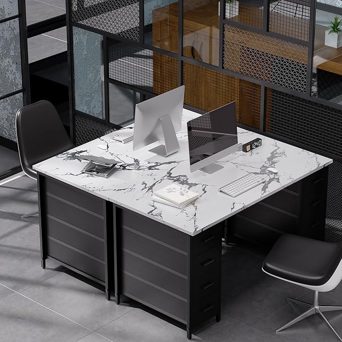 Pamray 47 Inch Computer Desk with 8 Fabric Drawers PC Gaming Desk Home Office Study Work Writing Table for Bedroom Marble