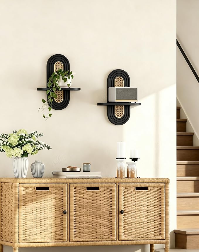 Floating Shelves for Wall, Boho Home Wall Decor,Rattan Plant Shelf Set of 2, Mid Century Small Decorative Shelf, Natural Wood Shelves for Living Room,Bedroom,House,Office (Black)