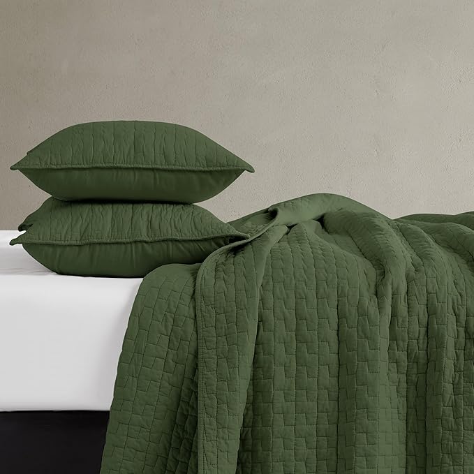 palassio Olive Green 100% Cotton Quilt Queen Size Bedding Sets with 2 Pillow Shams, Textured Lightweight Soft Bedspread Shabby Chic Coverlet, Quilted Comforter Bed Cover for All Season, 3 Pieces